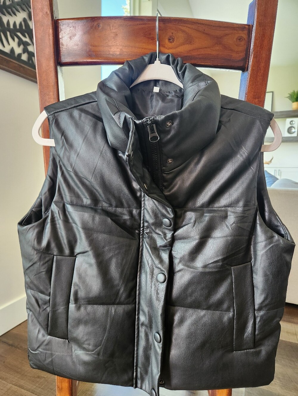 Black Quilted Faux-Leather Puffer Vest - Women